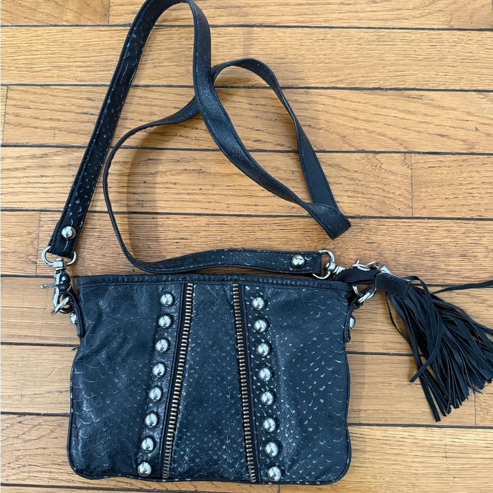 Betsey Johnson Black Leather Crossbody Bag with Tassel and Studs